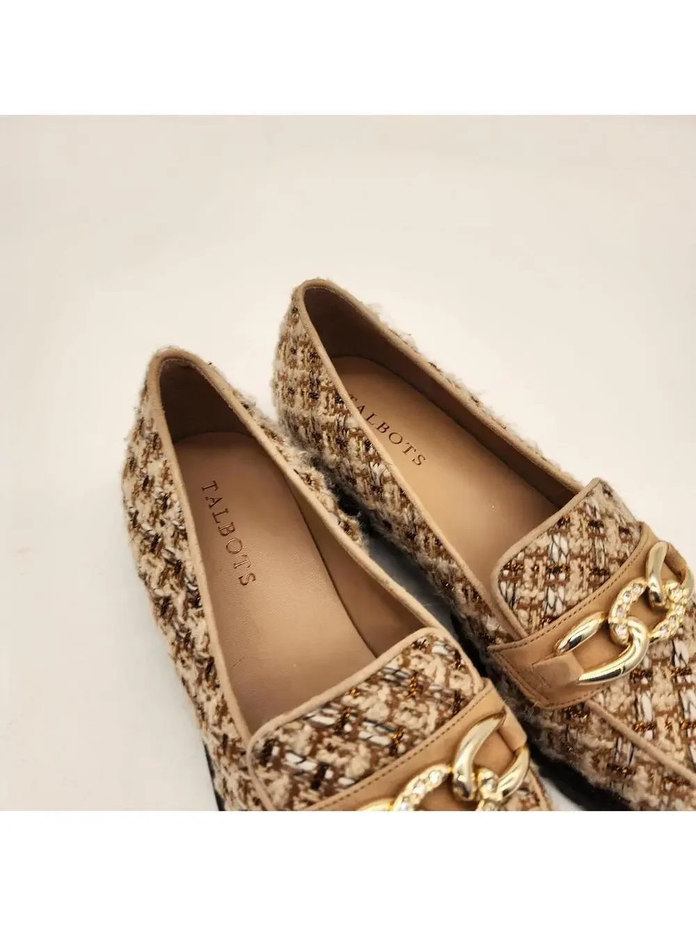 Talbots Leighton Boucle Metallic Chain Loafers Tan Gold Tweed Shoes 9.5